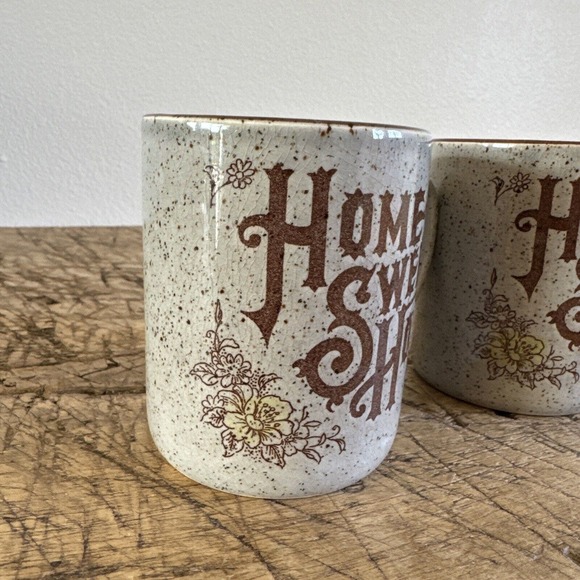 Vintage Home Sweet Home Mugs Pair Speckled Pottery Set Made in Japan 70s Country - Picture 3 of 13